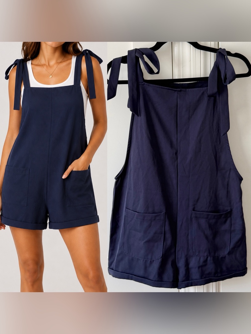 Verdusa Sleeveless Square Neck Tie Shoulder Pocket Pinafore Romper Navy Sz S